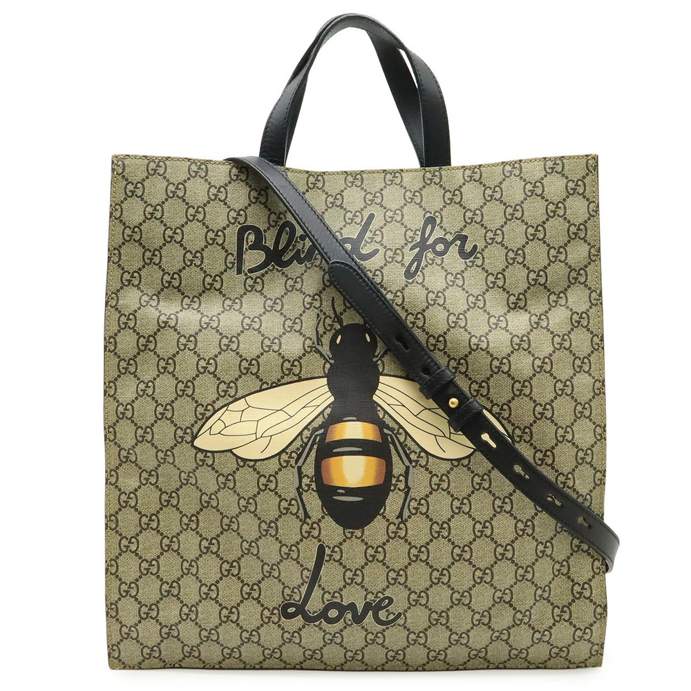 Gucci GG Supreme Bee Tote Bag Shoulder Leather Beige Brown Cream Black